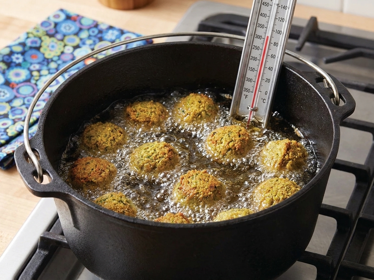 Falafel balls frying in bubbling oil in a Dutch oven with a thermometer clipped to the side, showing an active fry stage