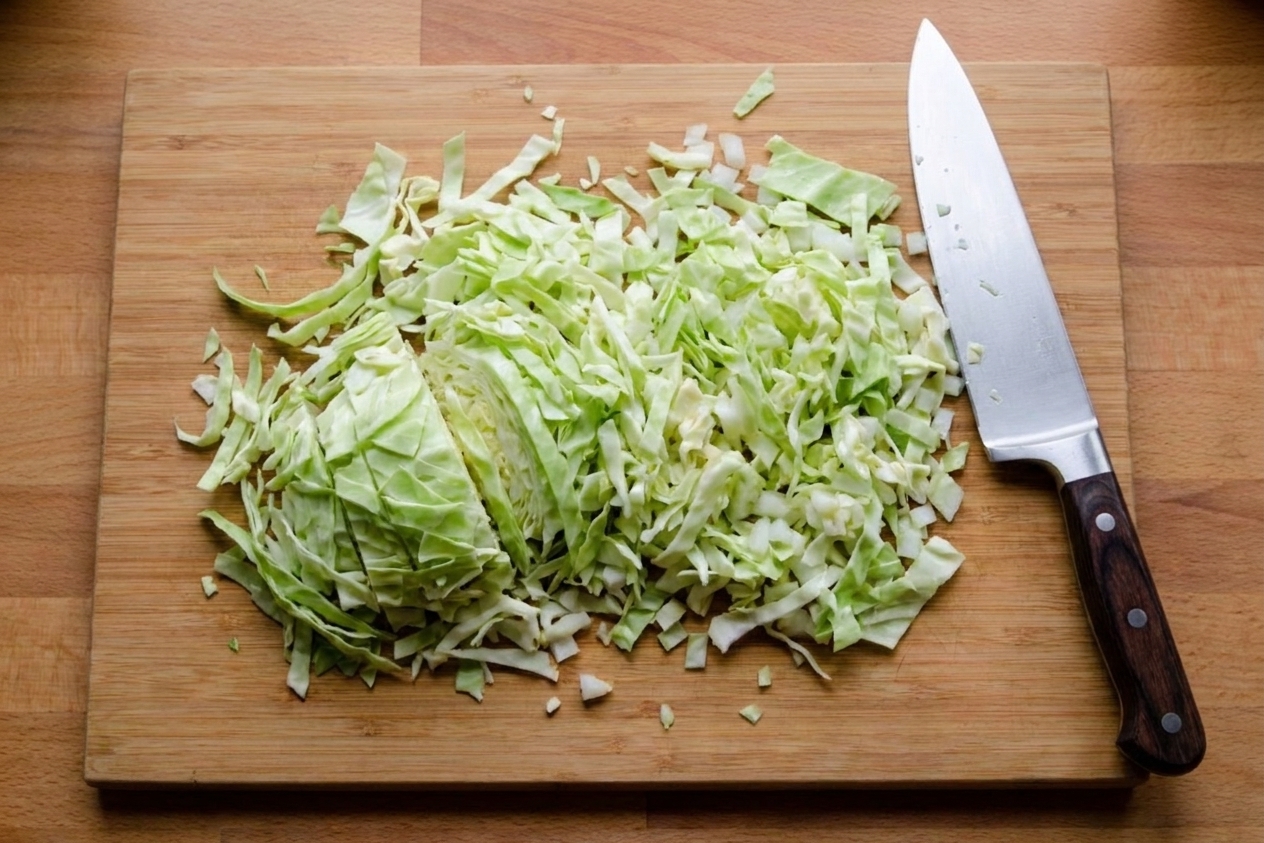 Finely chopped green cabbage pieces scattered on a wooden cutting board with a chef's knife