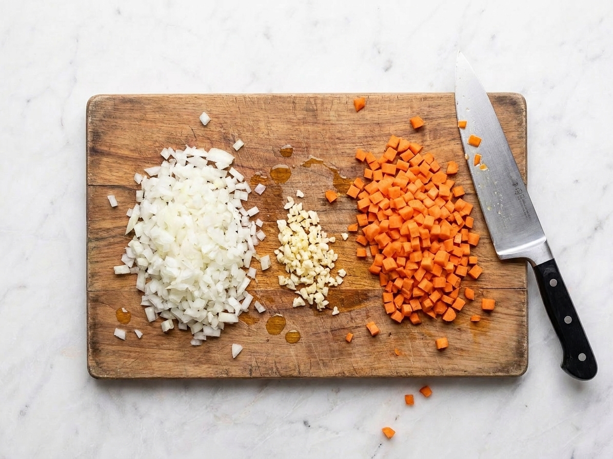 Finely chopped onion, minced garlic, and chopped carrot on a cutting board beside a chef's knife