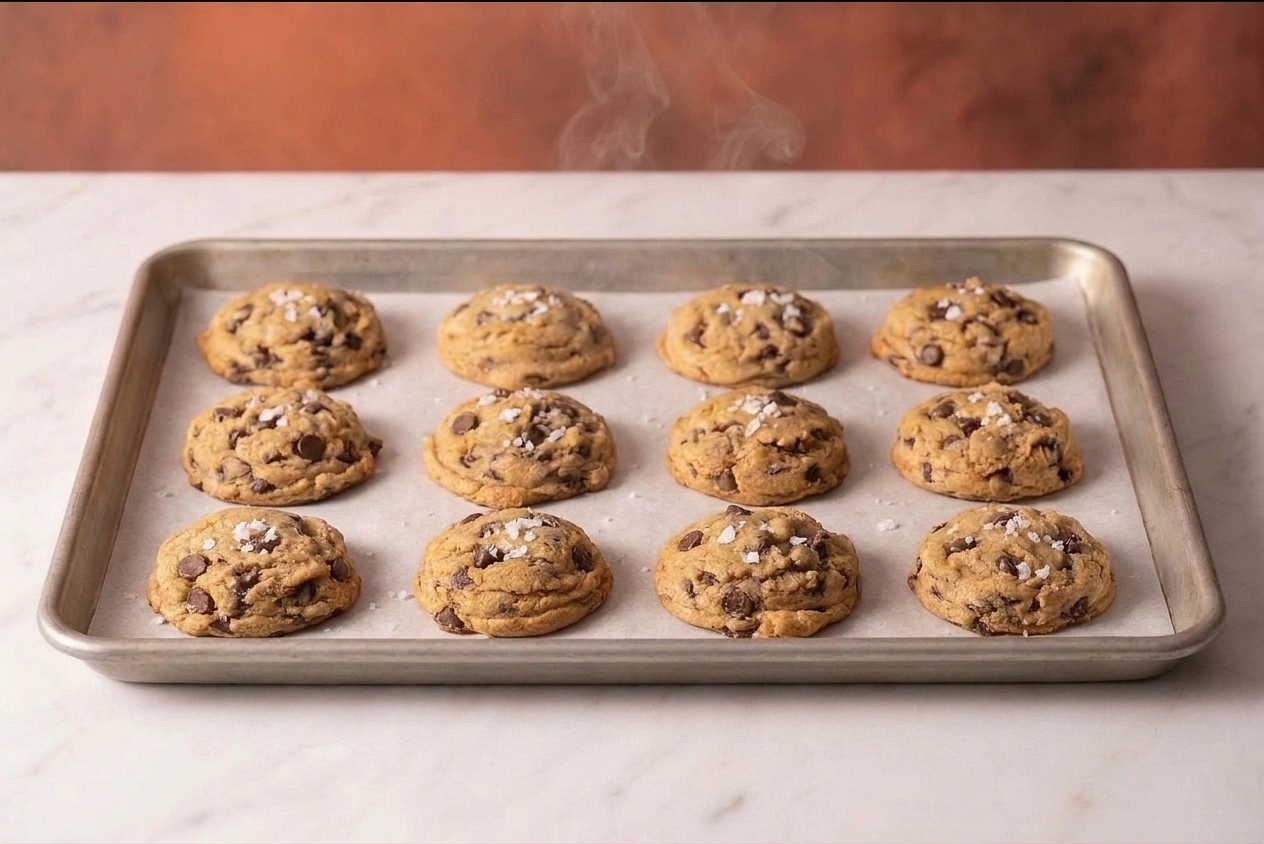 Flaky salt scattered over warm chocolate chip cookies on a baking sheet