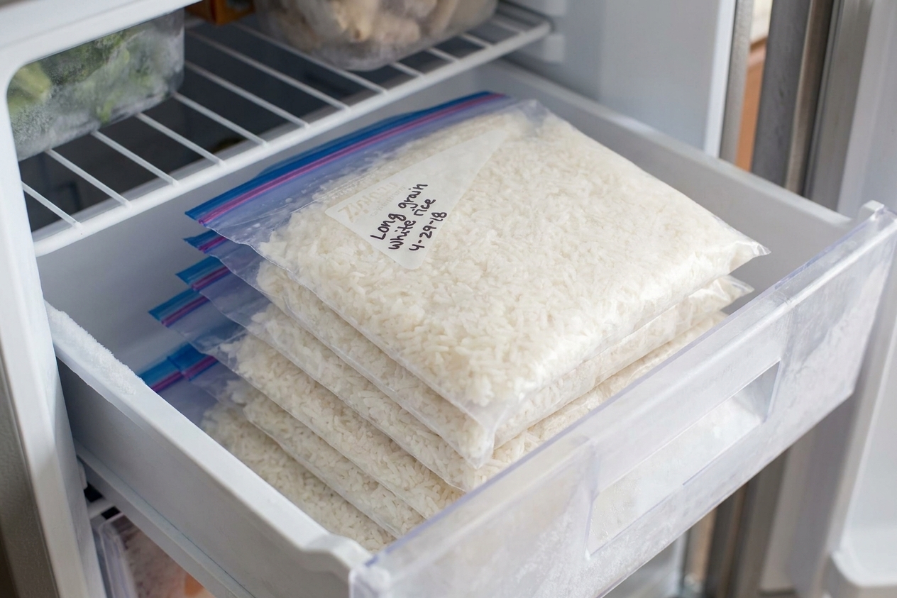 Flat freezer bags filled with cooked rice stacked neatly in a home freezer drawer