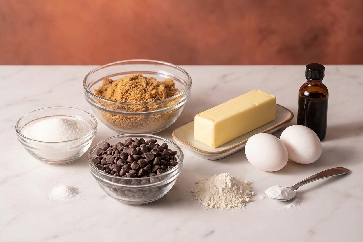 Flour, brown sugar, white sugar, butter, eggs, vanilla, baking soda, salt, and chocolate chips arranged on a kitchen counter