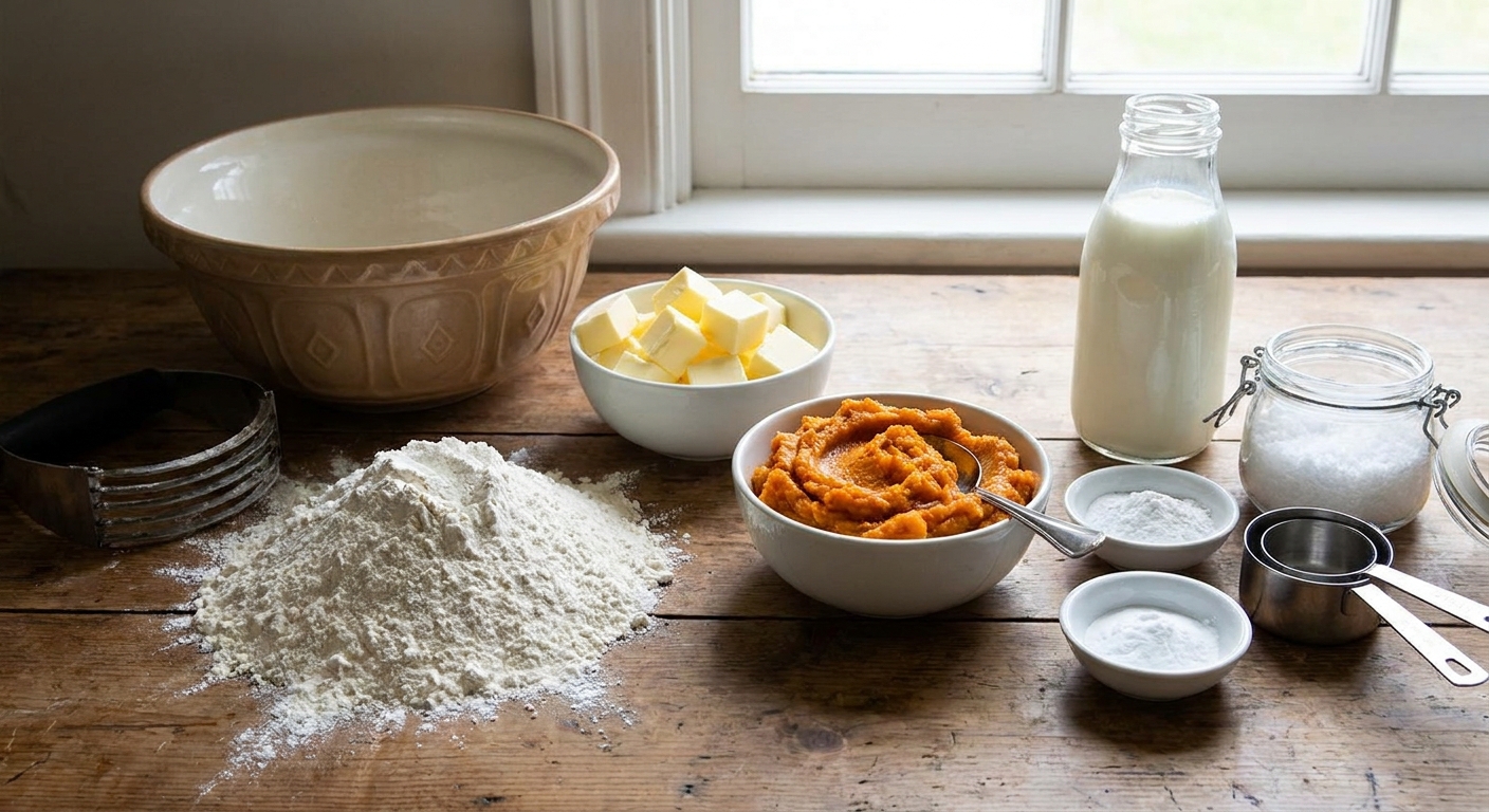 Flour, cubed butter, roasted sweet potato mash, buttermilk, baking powder, baking soda, and salt arranged on a kitchen counter