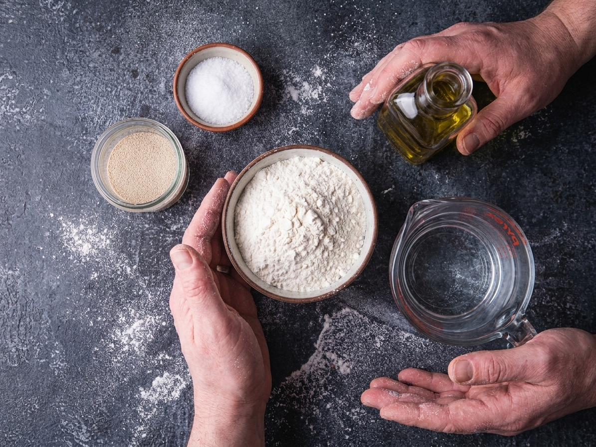 Flour, instant yeast, kosher salt, olive oil, and a measuring cup of warm water arranged on a kitchen counter