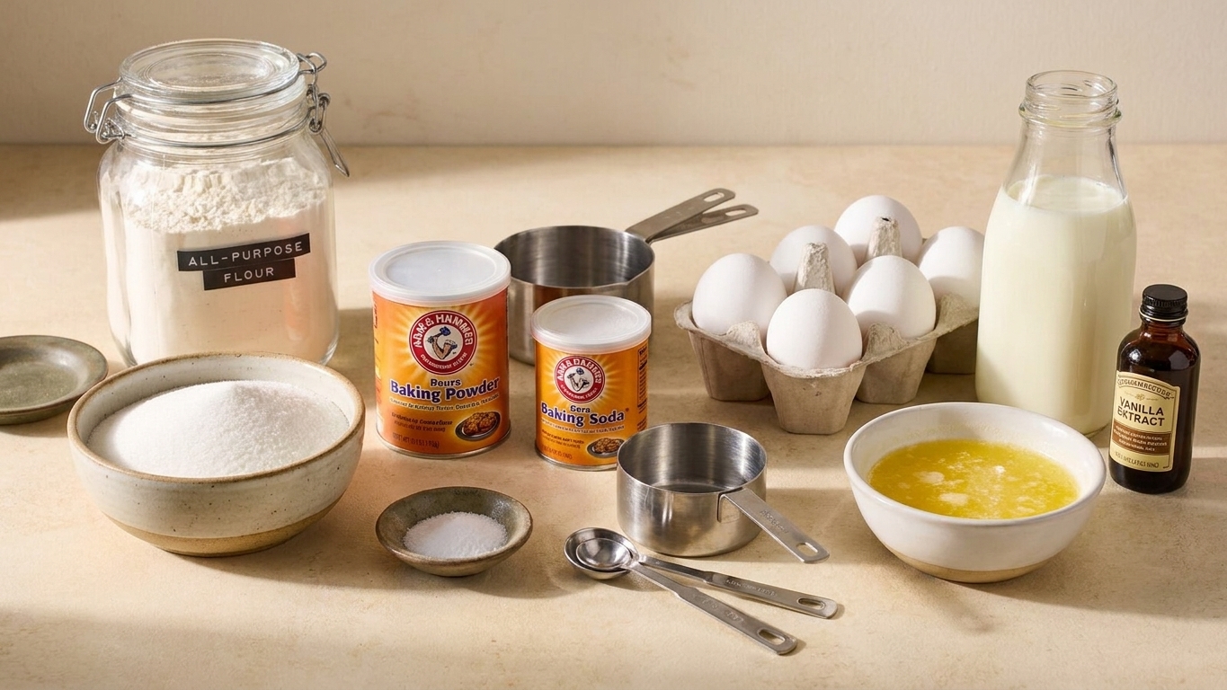 Flour, sugar, baking powder, baking soda, salt, buttermilk, eggs, melted butter, and vanilla arranged on a kitchen counter with measuring cups