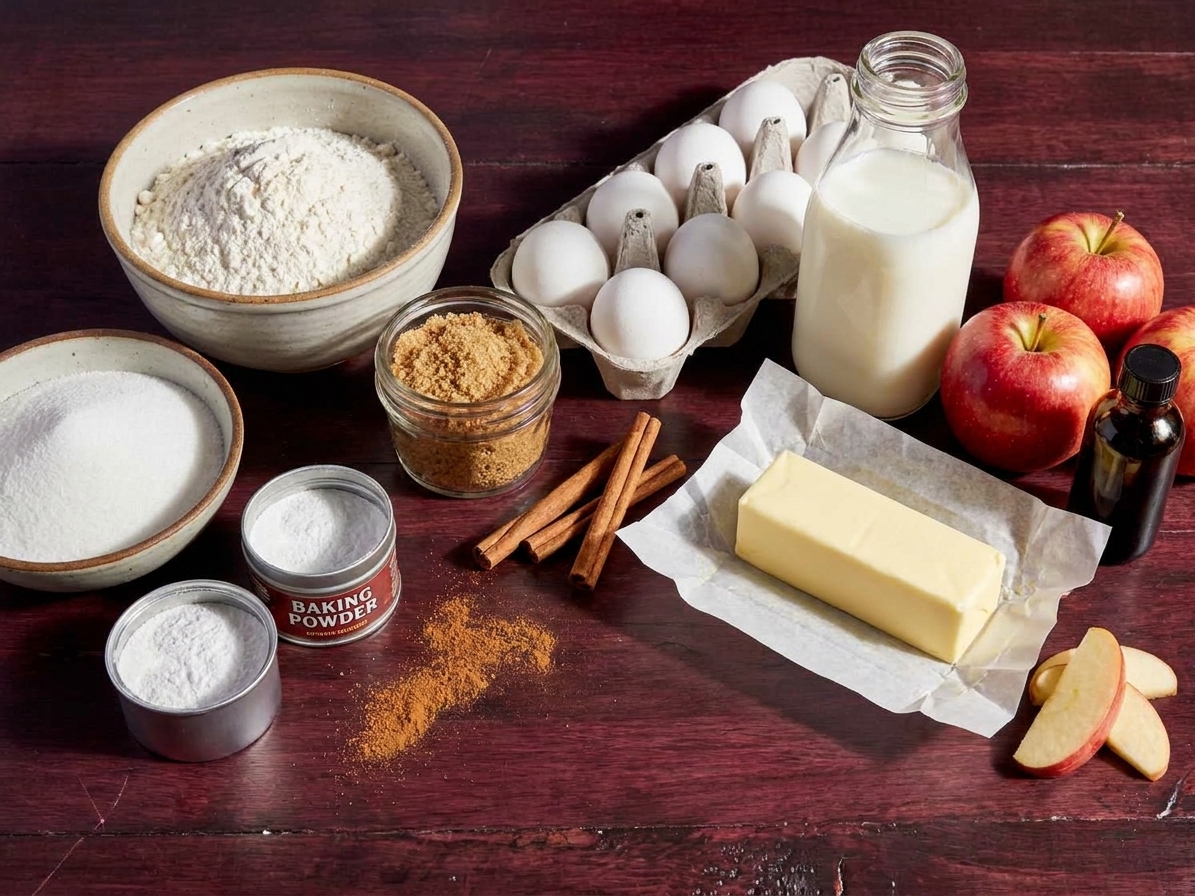Flour, sugar, brown sugar, eggs, milk, butter, apples, cinnamon, baking powder, and vanilla arranged on a kitchen counter