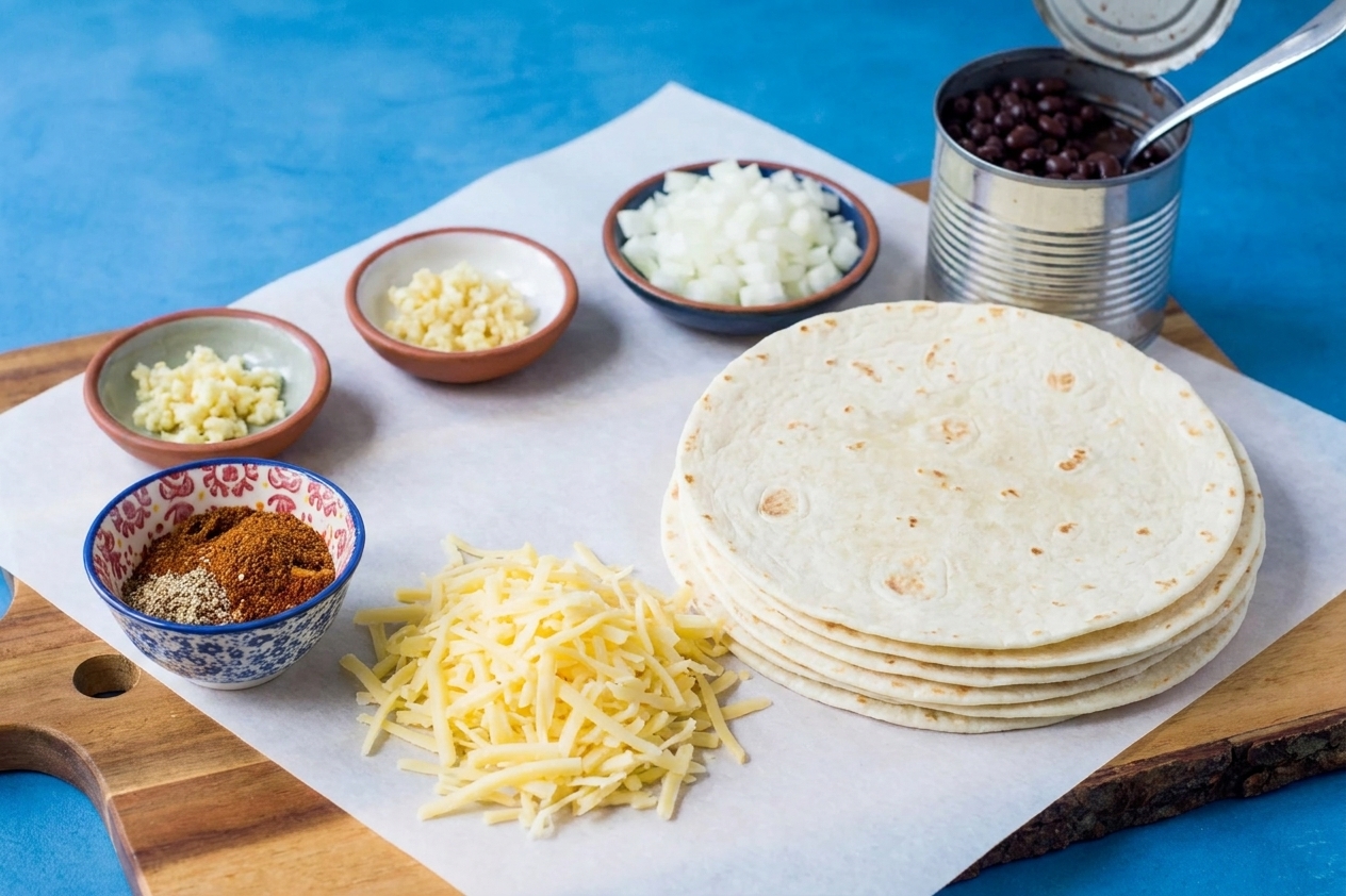 Flour tortillas, shredded cheese, a small bowl of spices, diced onion, minced garlic, and canned beans arranged on a kitchen counter