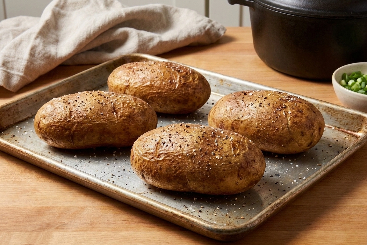 Four russet potatoes baked on a sheet pan with crisped skins, photographed on a kitchen counter under warm light