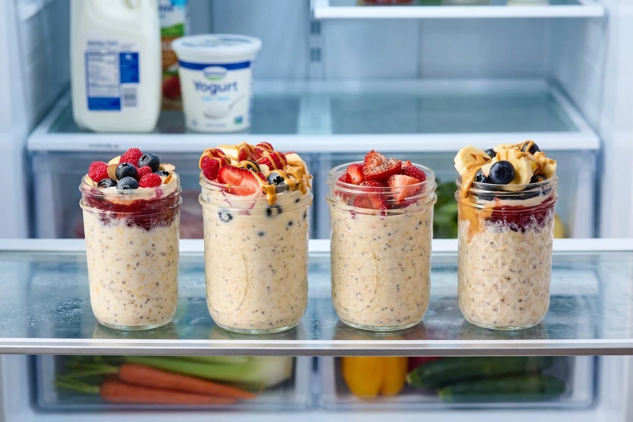 Four small jars of overnight oats lined up on a refrigerator shelf with different fruit toppings