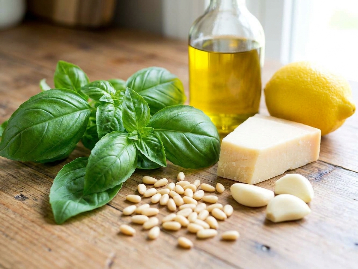 Fresh basil leaves, pine nuts, peeled garlic cloves, a wedge of Parmesan, lemon, and a bottle of olive oil arranged on a kitchen counter