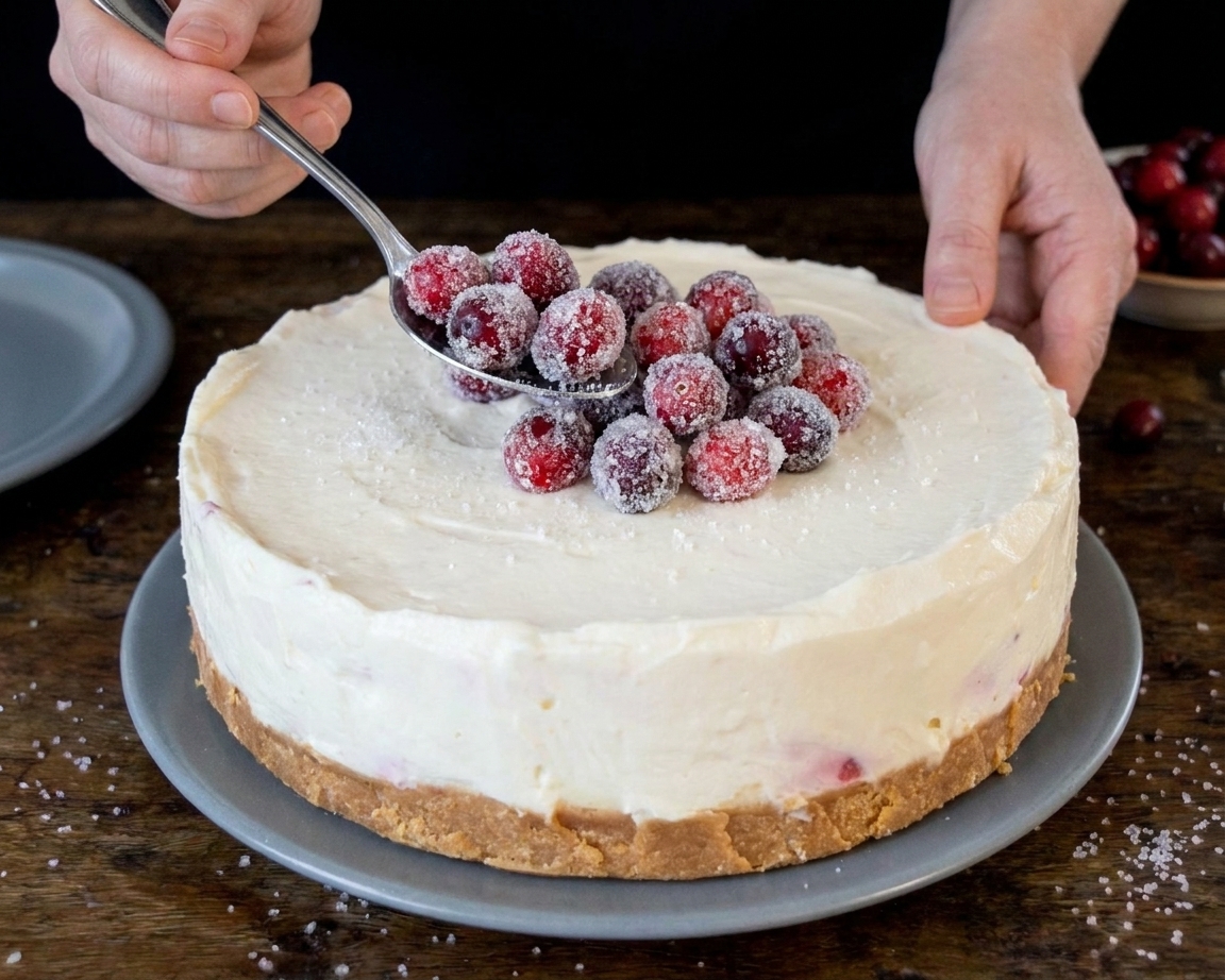 Fresh berries being spooned onto the center of a chilled no bake cheesecake