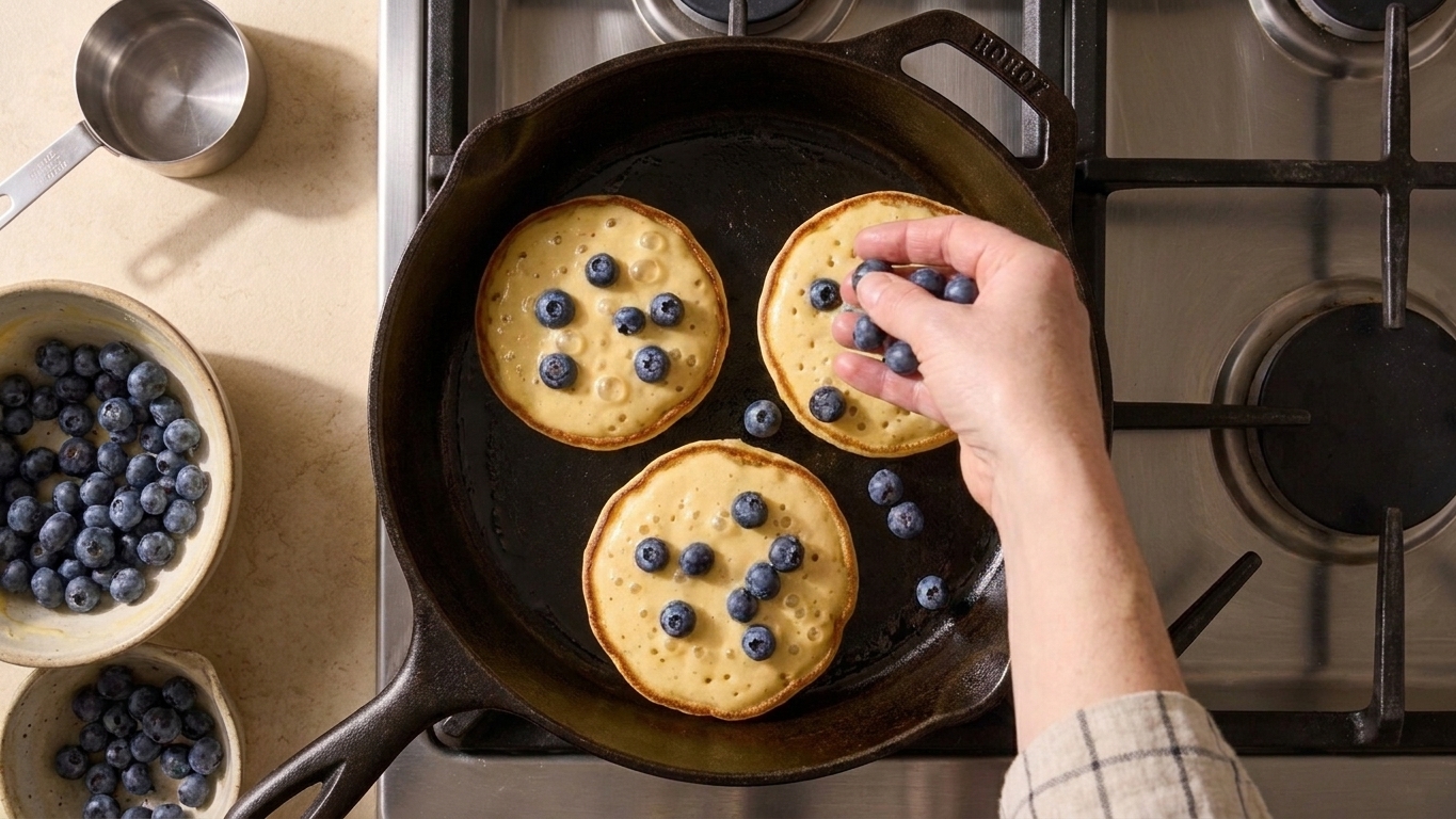 Fresh blueberries being sprinkled onto pancake batter rounds right after pouring in a skillet
