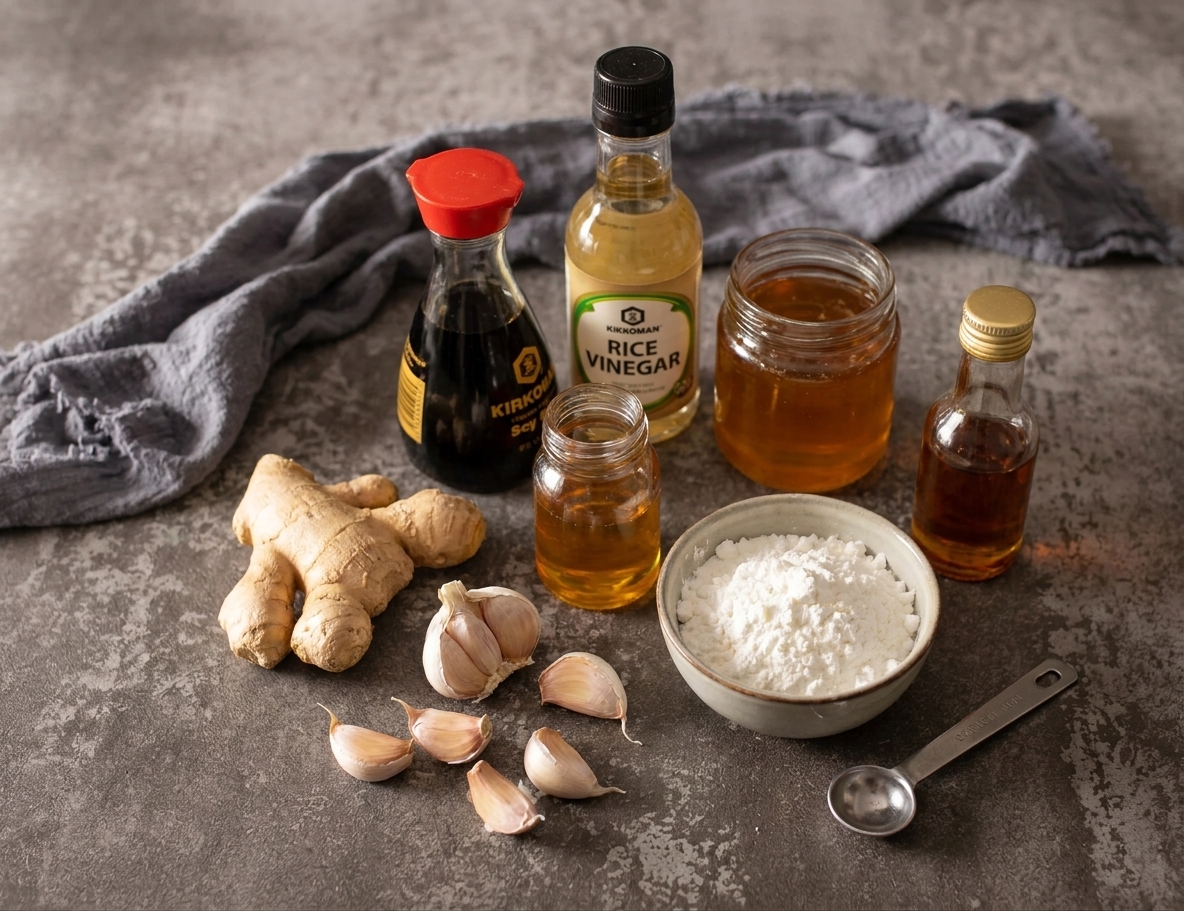 Fresh ginger, garlic cloves, soy sauce, rice vinegar, honey, sesame oil, and cornstarch arranged on a kitchen counter