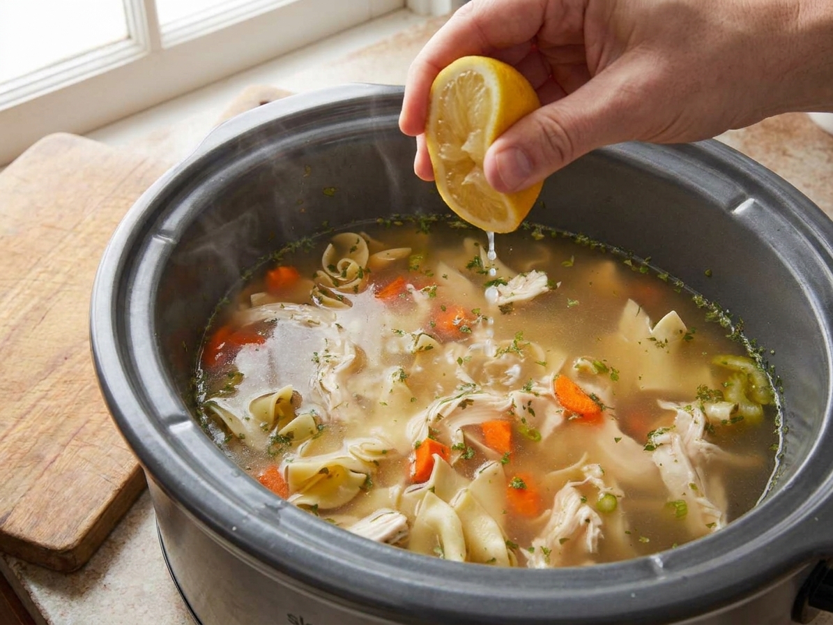 Fresh lemon juice being squeezed into a pot of chicken soup with visible carrots and shredded chicken