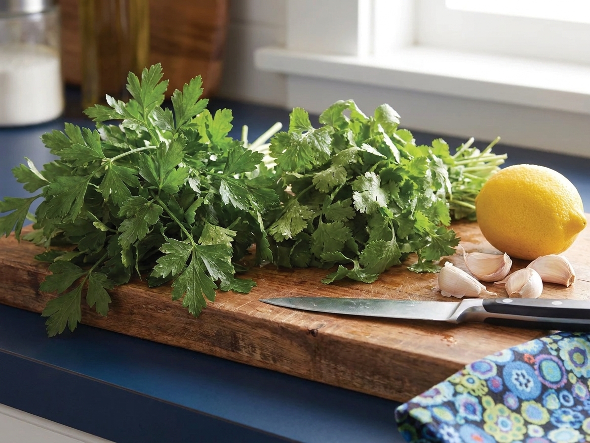 Fresh parsley and cilantro bunches on a cutting board with a lemon and garlic cloves nearby, ready for falafel prep