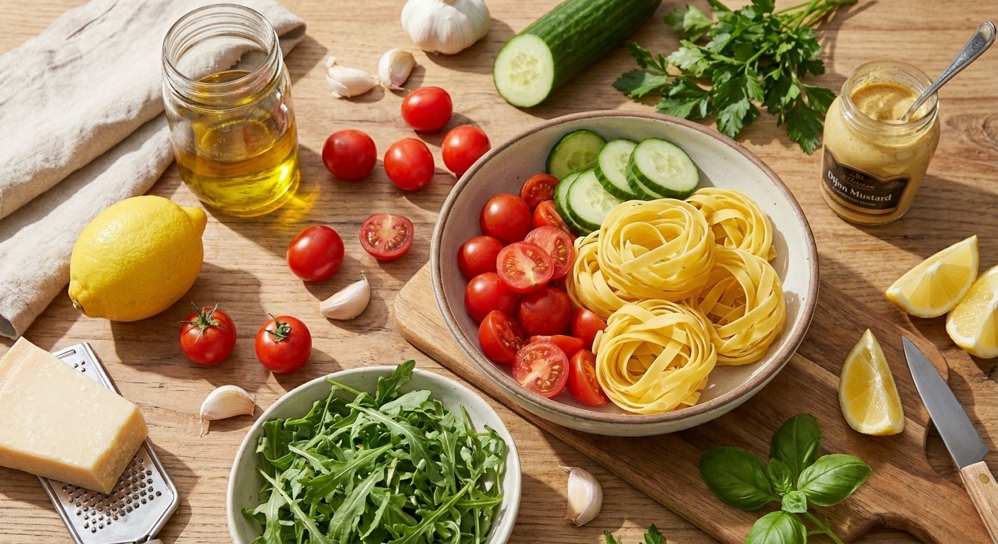 Fresh pasta nests, cherry tomatoes, cucumber, arugula, lemon, Parmesan, olive oil, Dijon mustard, garlic, and fresh basil and parsley arranged on a kitchen counter