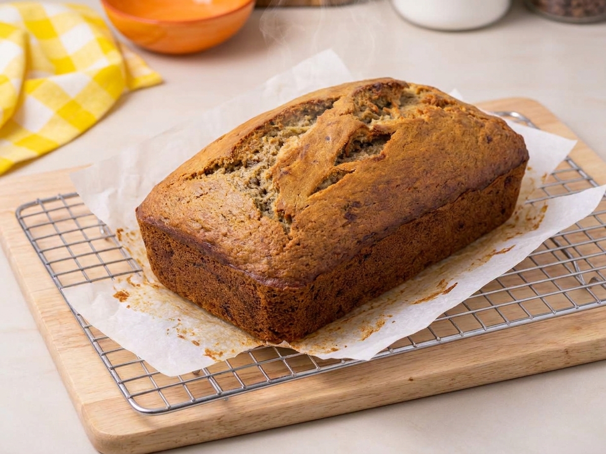 Freshly baked banana bread loaf resting on a wire rack with parchment peeled back