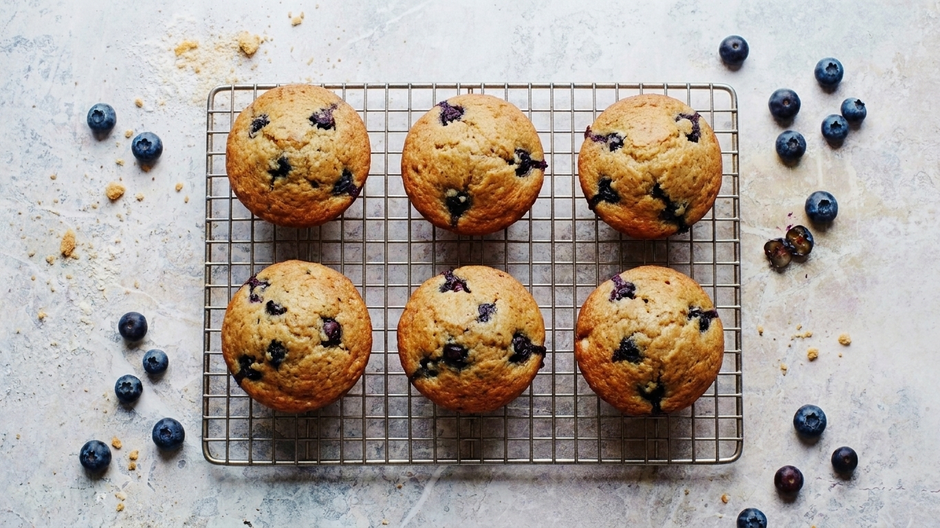 Freshly baked blueberry muffins cooling on a wire rack on a wooden counter, with a few blueberries scattered nearby