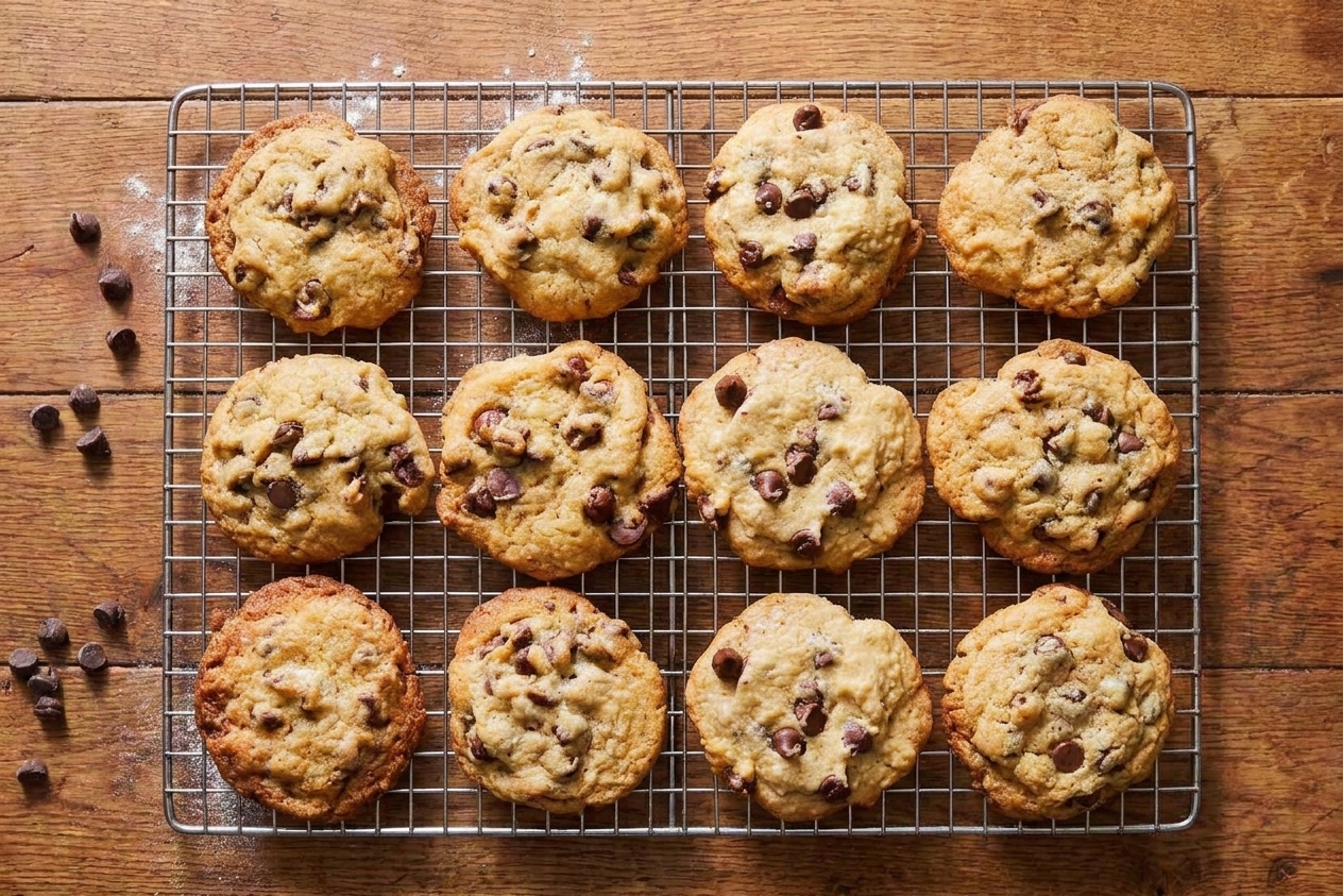Freshly baked chocolate chip cookies cooling on a wire rack with visible melted chocolate and tender edges
