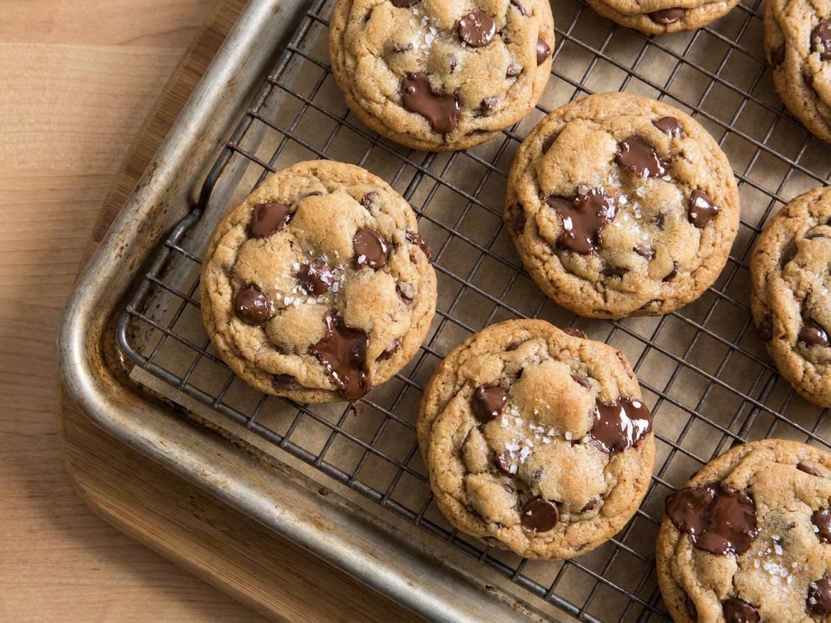 Freshly baked chocolate chip cookies cooling on a wire rack with a few chocolate chips still glossy from the heat