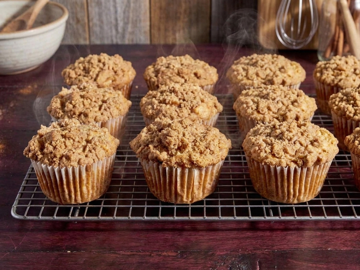 Freshly baked cinnamon apple muffins cooling on a wire rack with a little steam rising