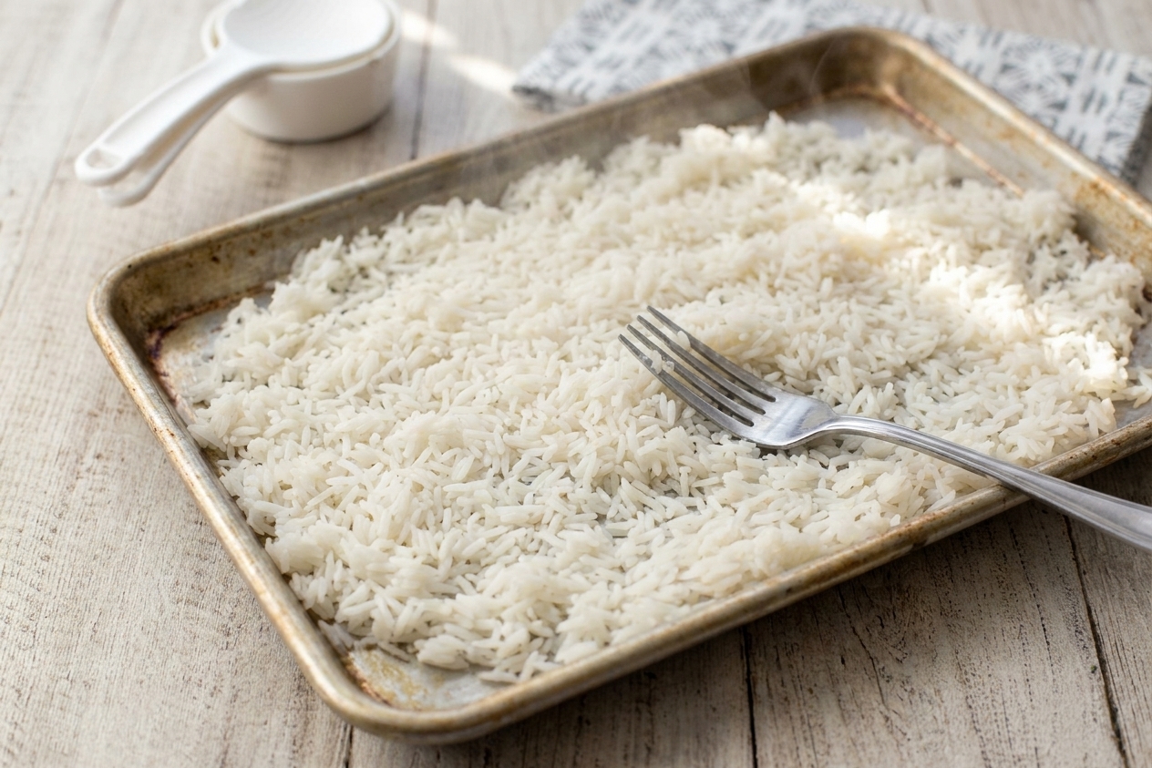 Freshly cooked rice spread in a thin layer on a rimmed sheet pan with a fork nearby for fluffing