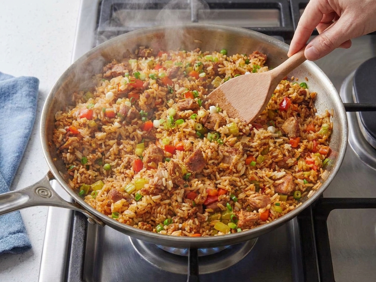 Fried rice being stirred in a skillet with a wooden spatula over a stovetop