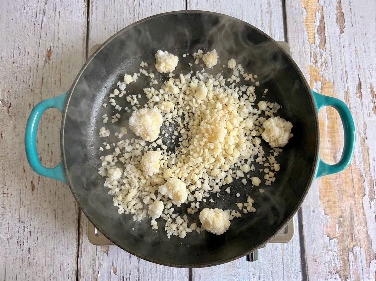 Frozen cauliflower rice granules spread in a hot skillet beginning to steam and separate