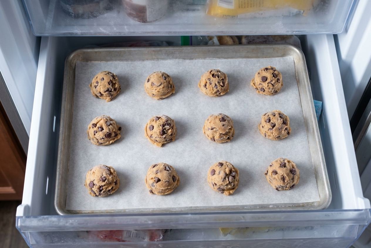 Frozen chocolate chip cookie dough balls in a single layer on a parchment-lined baking sheet in a freezer drawer