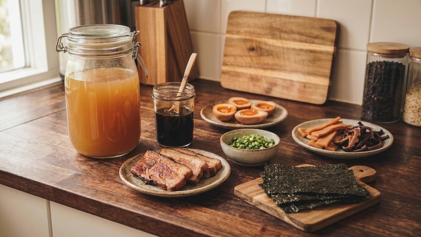 Glass containers holding strained ramen broth, tare in a small jar, and prepped toppings on a kitchen counter