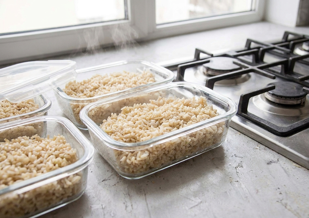 Glass meal prep containers filled with cooked brown rice on a kitchen counter, ready for the fridge