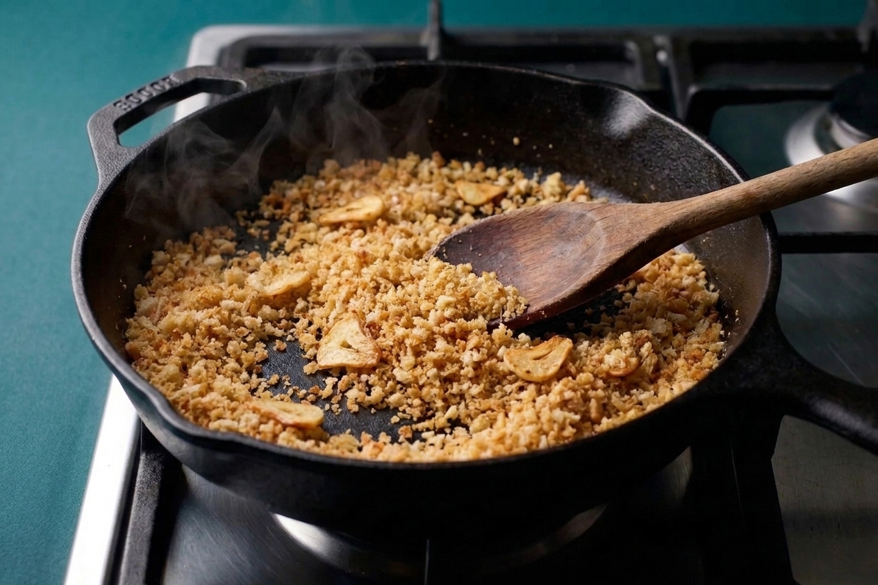 Golden toasted breadcrumbs in a skillet with a wooden spoon and a few slices of garlic