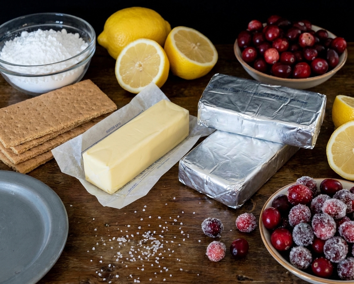 Graham crackers, butter, cream cheese blocks, lemons, powdered sugar, and fresh berries arranged on a kitchen counter