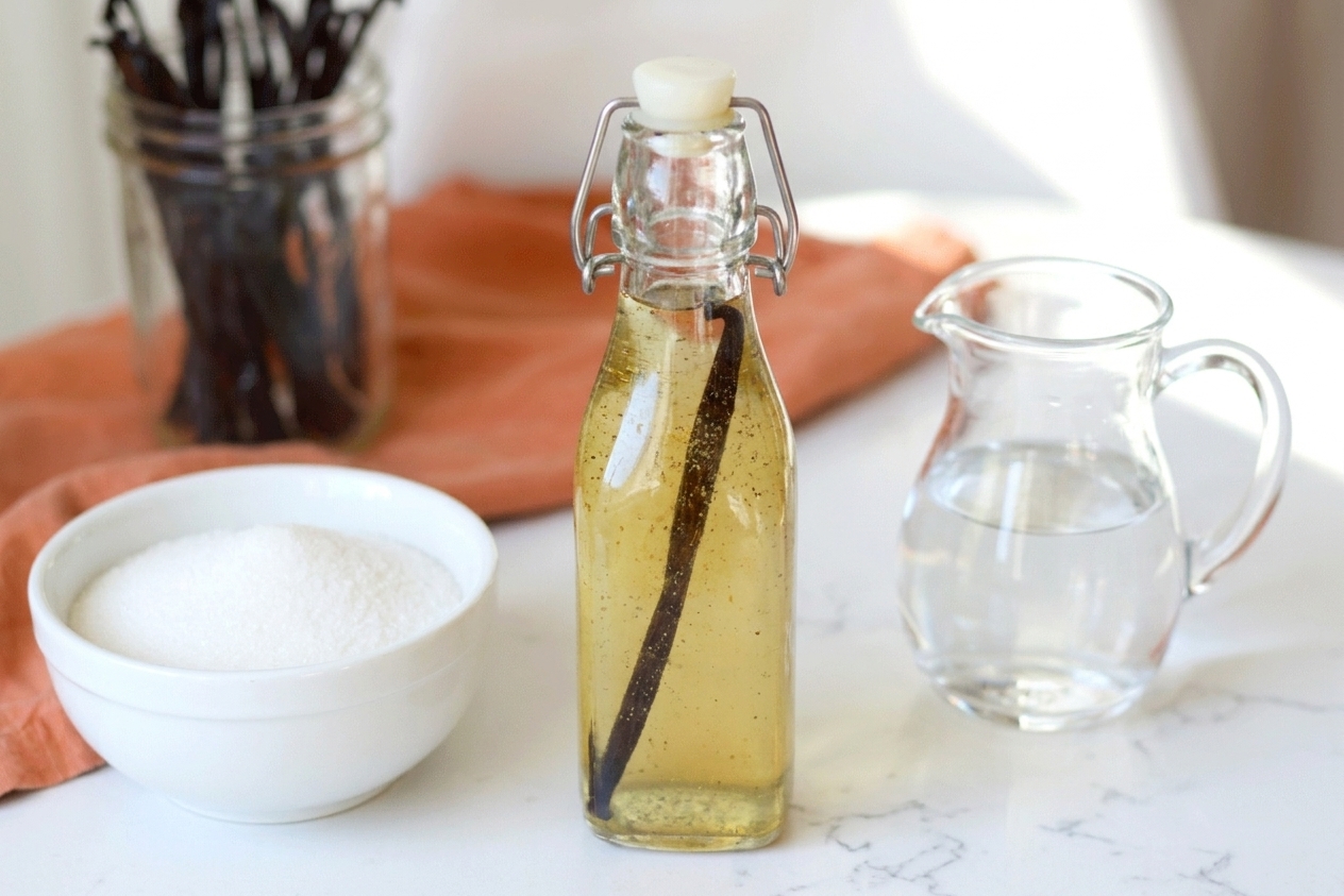 Granulated sugar in a bowl, a small pitcher of water, and a bottle of vanilla extract arranged on a kitchen counter