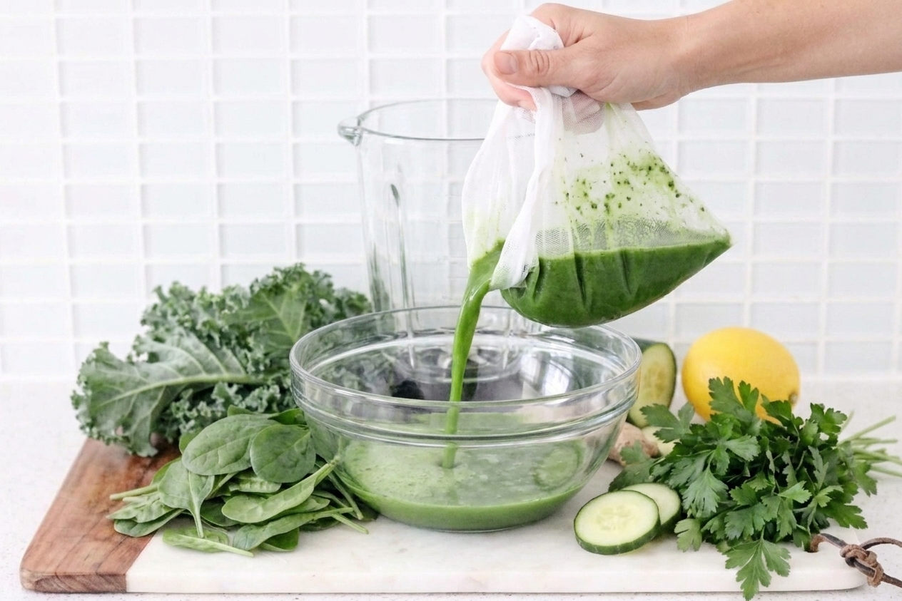 Green juice being strained through a nut milk bag over a bowl on a kitchen counter