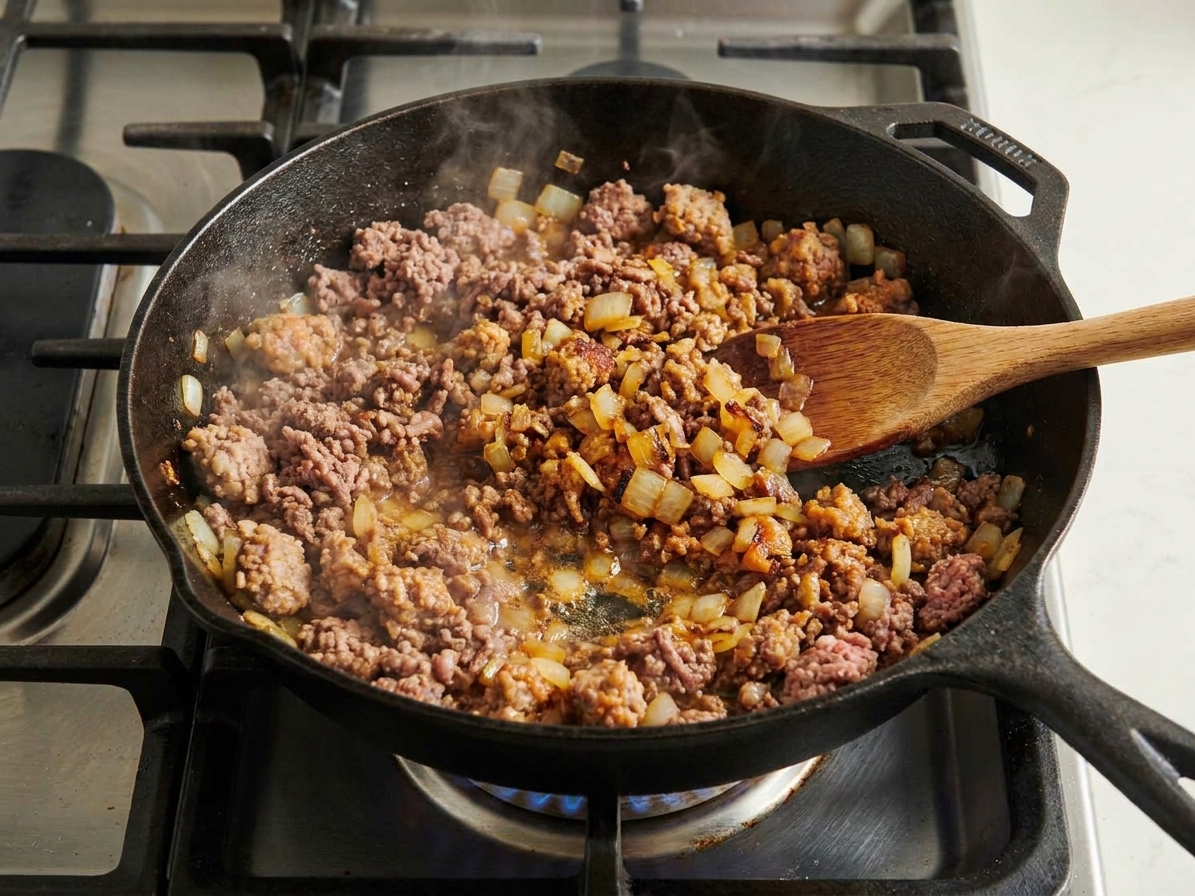 Ground beef and Italian sausage browning in a skillet with onions, photographed mid-cook on a stovetop