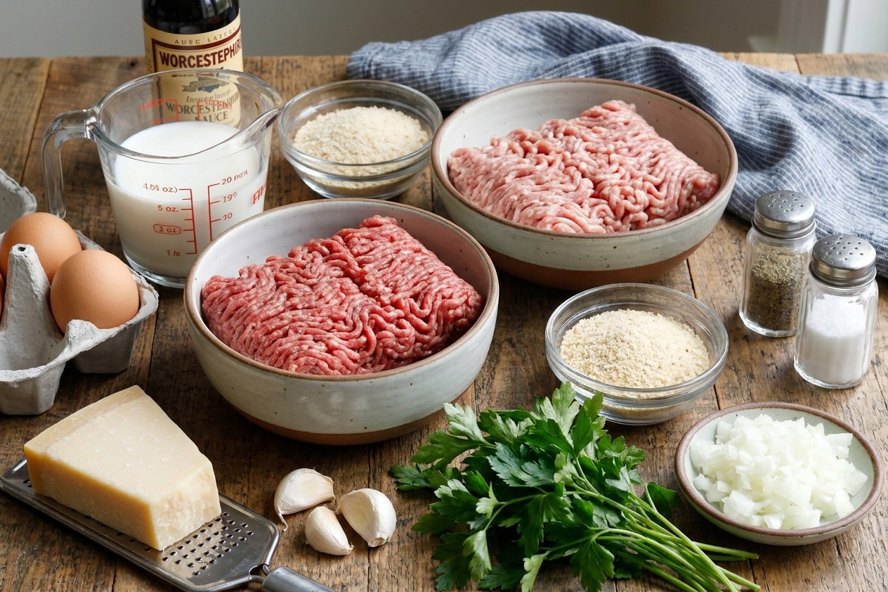 Ground beef and pork, breadcrumbs, milk, eggs, Parmesan, garlic, parsley, onion, salt, pepper, and Worcestershire arranged on a kitchen counter