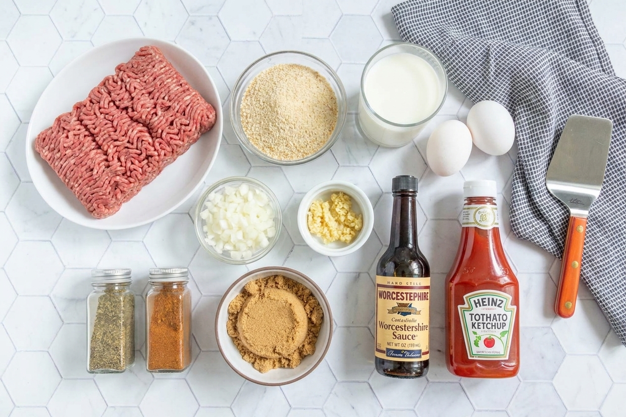 Ground beef, breadcrumbs, milk, eggs, diced onion, minced garlic, Worcestershire sauce, ketchup, brown sugar, and spices arranged on a kitchen counter