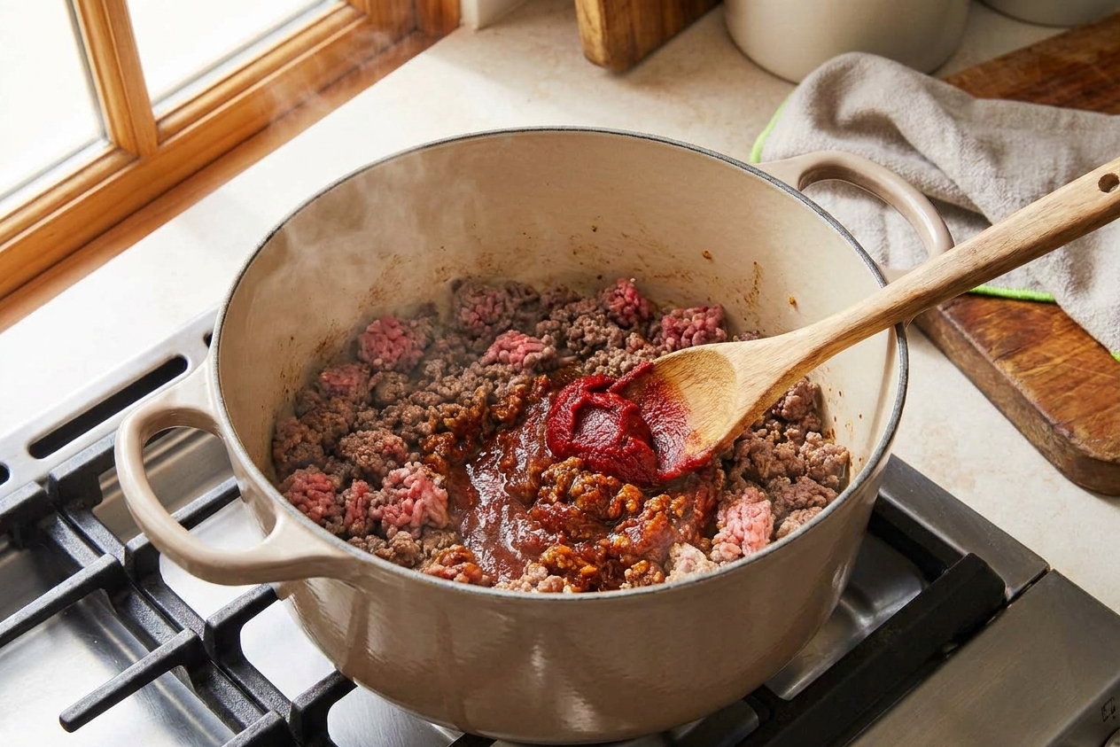 Ground beef browning in a Dutch oven with tomato paste added to the side, captured mid-cooking on a stovetop