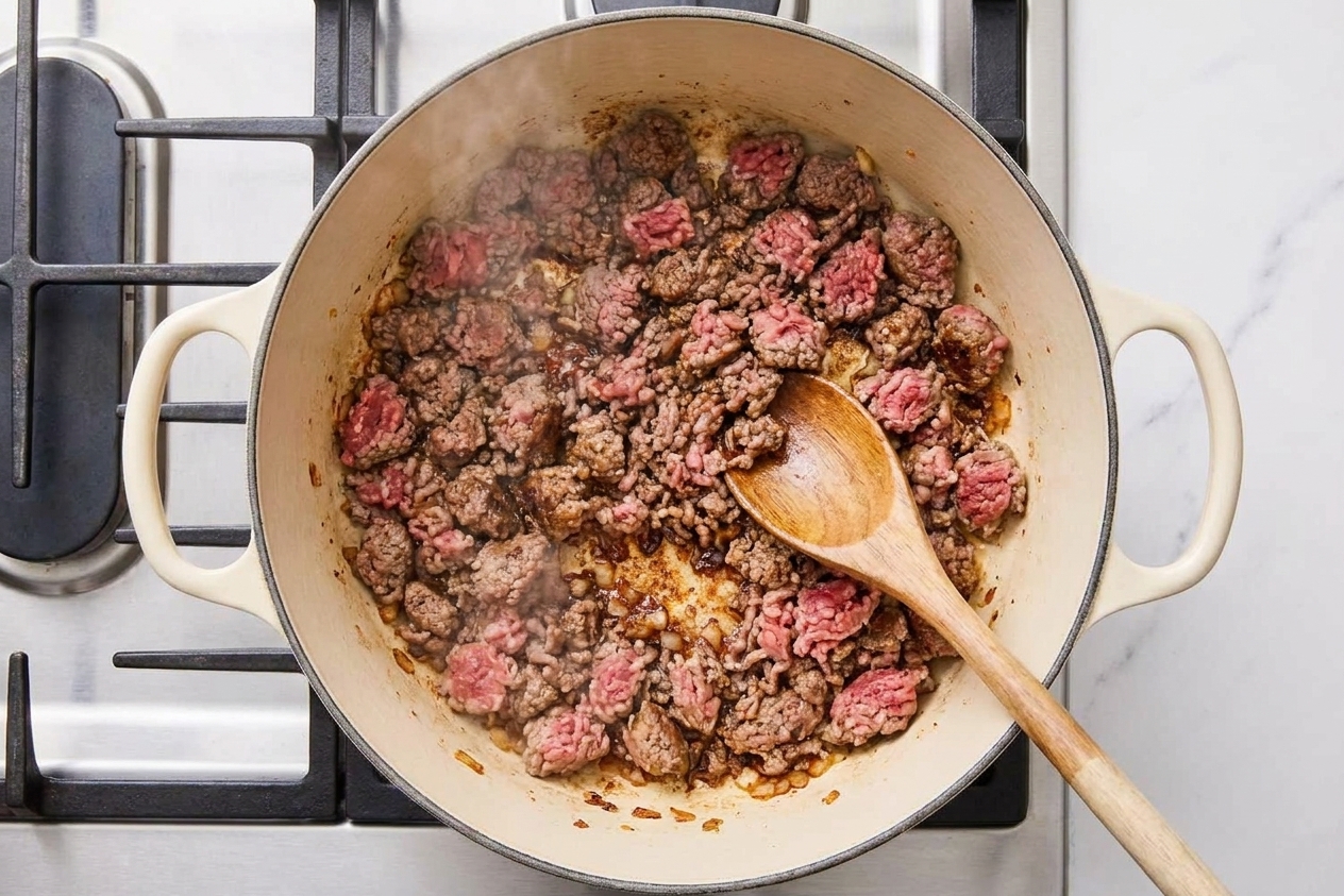 Ground beef browning in a large Dutch oven on a stovetop with browned bits forming on the bottom and a wooden spoon nearby