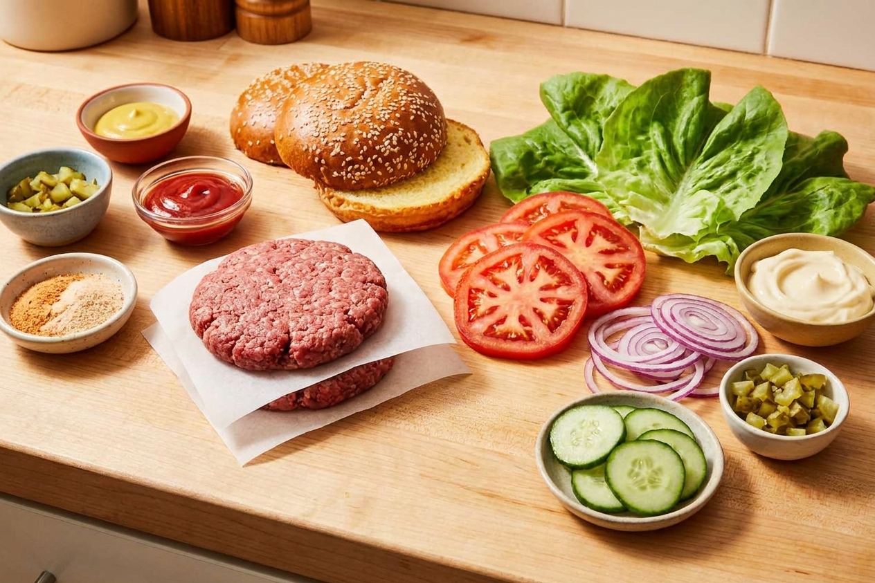 Ground beef, buns, sliced tomatoes, lettuce, red onion, cucumber, and small bowls of sauce ingredients arranged on a bright kitchen counter
