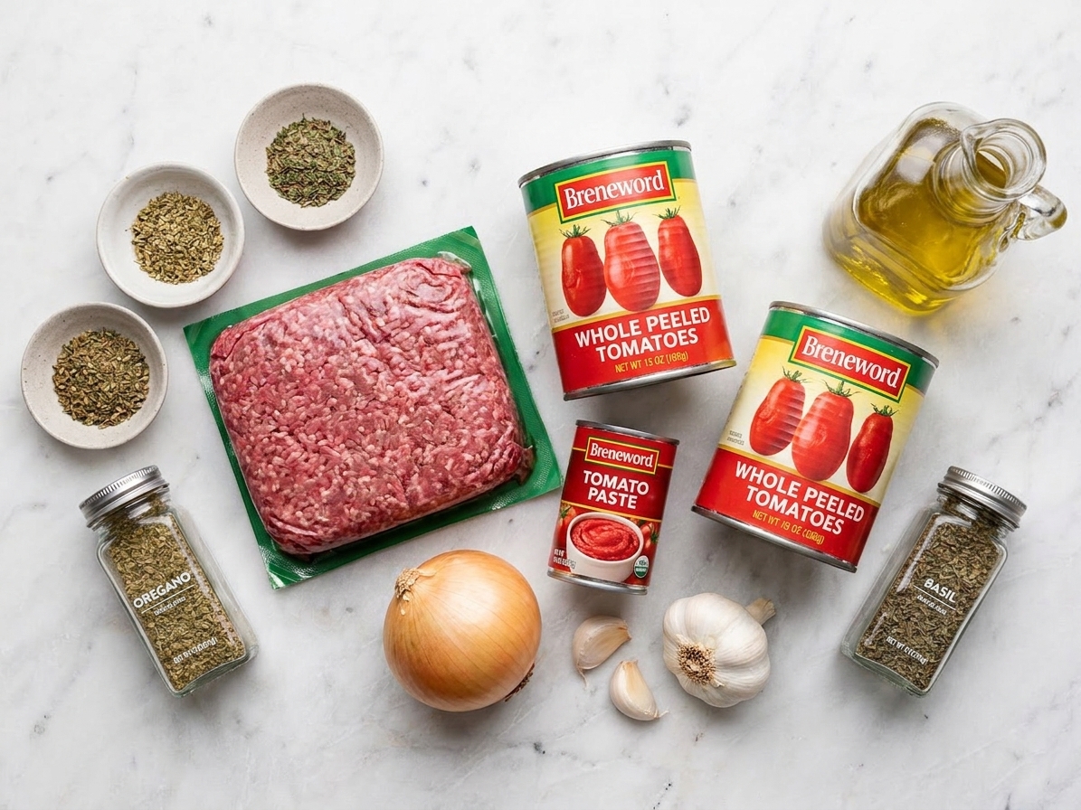 Ground beef, canned tomatoes, tomato paste, onion, garlic, dried oregano, dried basil, and olive oil arranged on a kitchen counter