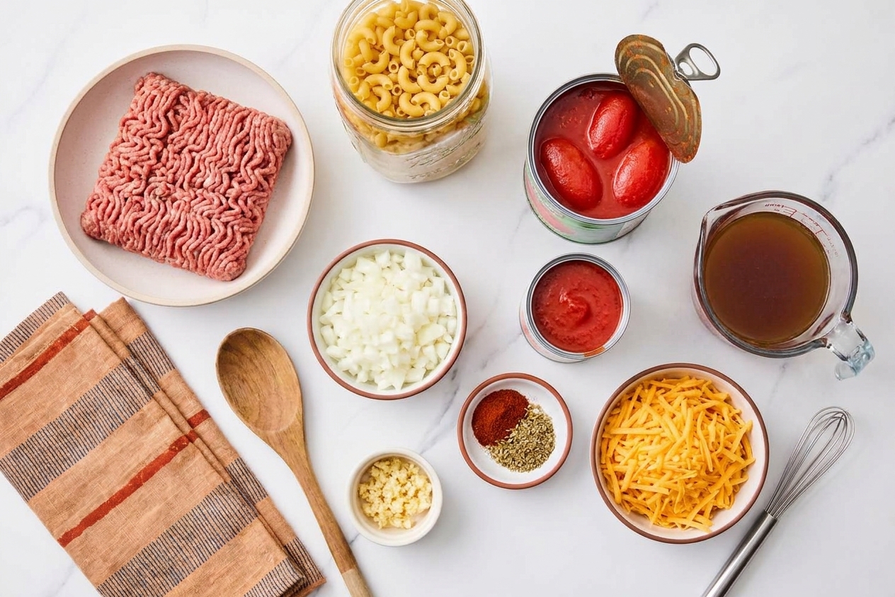 Ground beef, elbow macaroni, canned tomatoes, tomato sauce, onion, garlic, paprika, oregano, beef broth, and cheddar cheese arranged on a kitchen counter