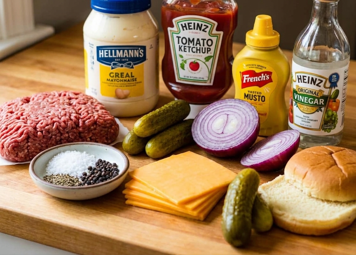 Ground beef, kosher salt, black pepper, cheddar slices, burger buns, pickles, onion, mayonnaise, ketchup, mustard, and vinegar arranged on a kitchen counter