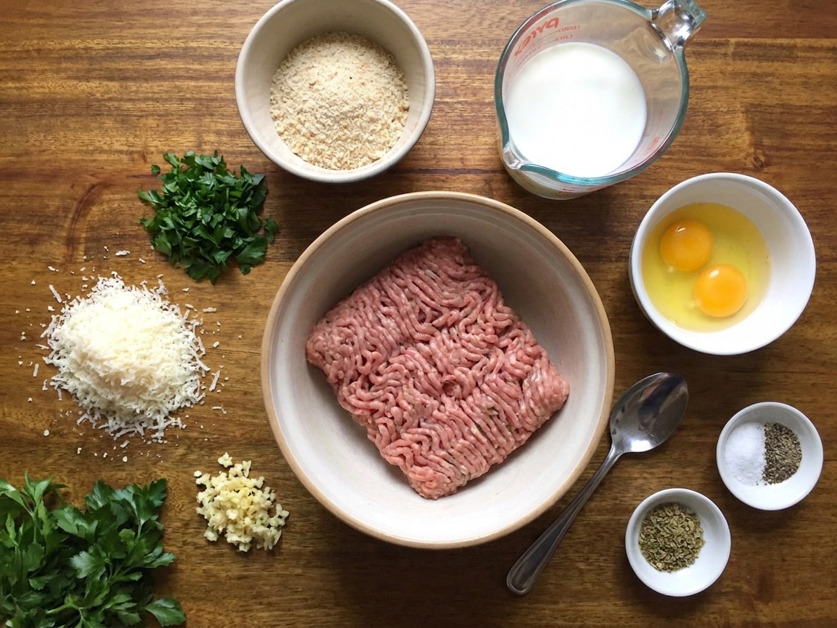 Ground turkey, breadcrumbs, milk, eggs, grated Parmesan, minced garlic, chopped parsley, and seasonings arranged on a kitchen counter