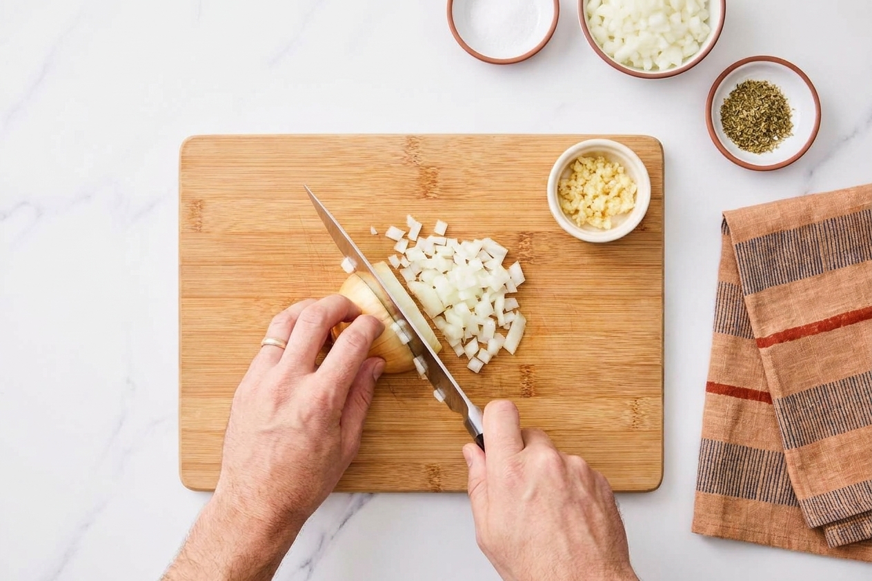 Hands chopping a yellow onion on a wooden cutting board next to a chef's knife and small bowls of prepped ingredients
