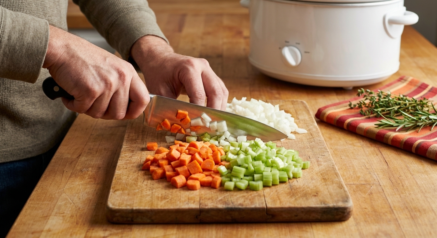Hands chopping carrots, onion, and celery on a wooden cutting board with a chef's knife on a kitchen counter