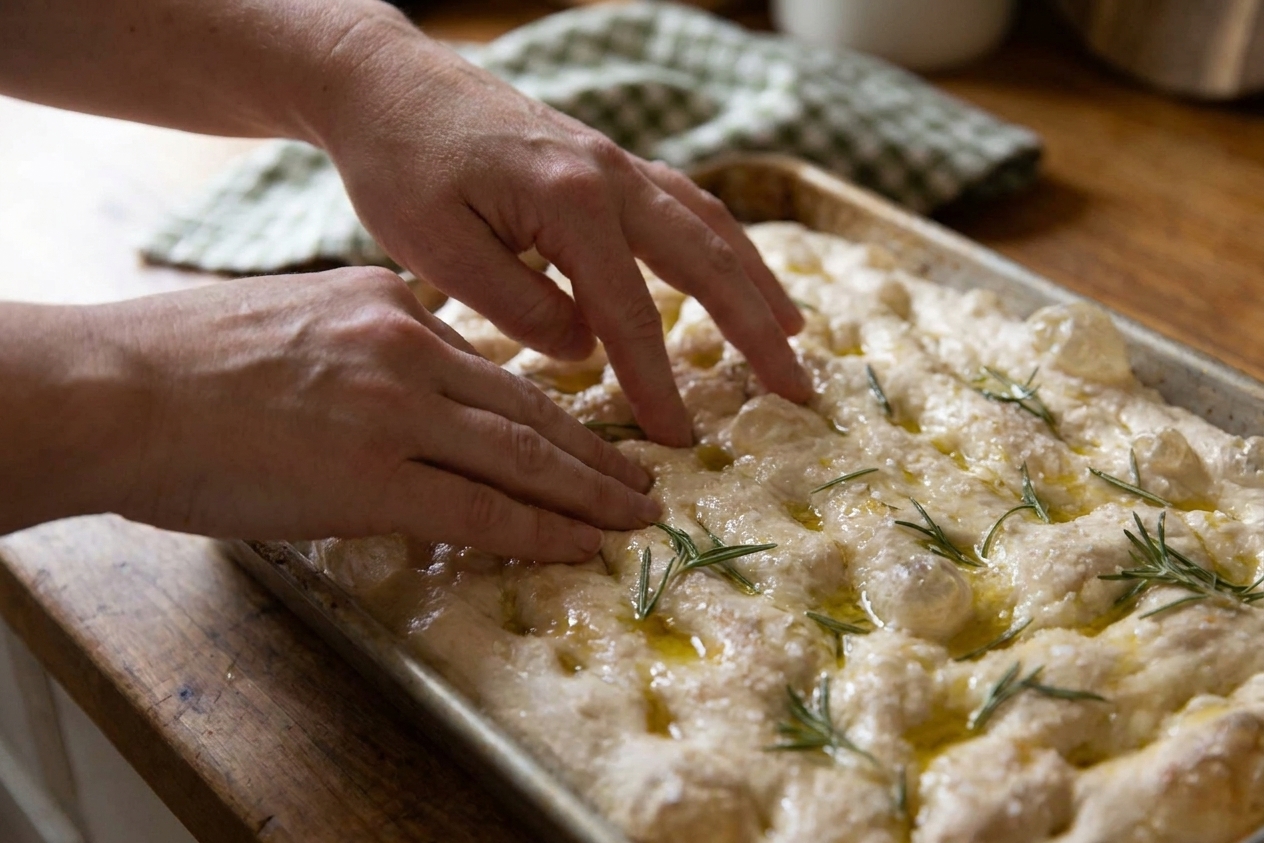 Hands dimpling a risen focaccia dough in an oiled pan, with olive oil pooling in the indentations