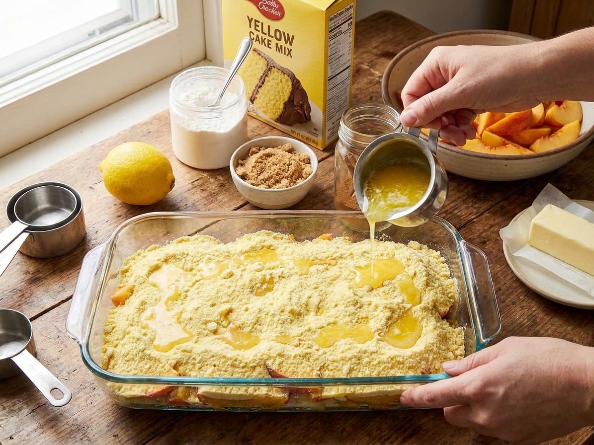 Hands drizzling melted butter over an even layer of dry yellow cake mix on top of sliced peaches in a glass baking dish