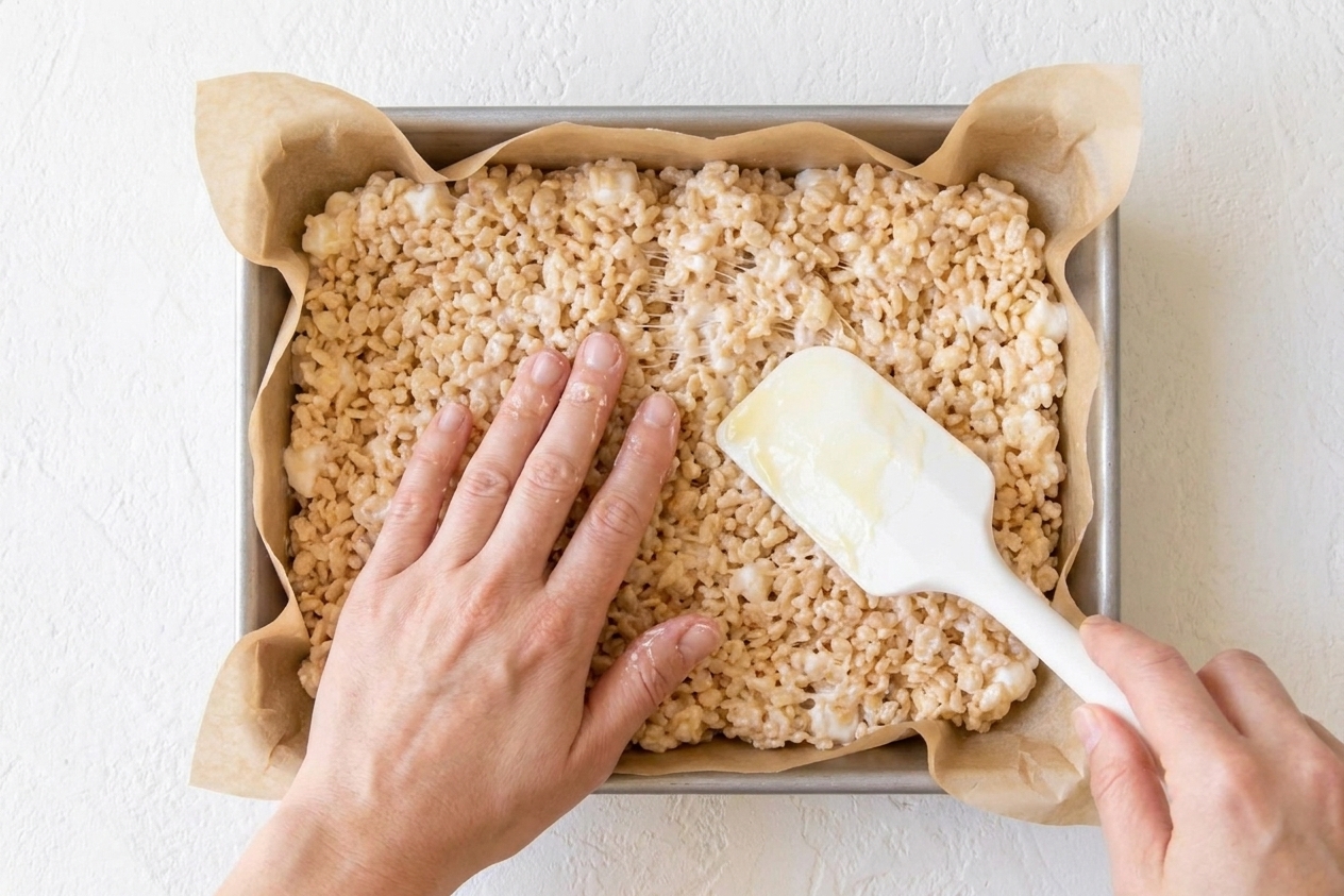 Hands gently pressing crisp rice treat mixture into a parchment-lined baking pan with a buttered spatula